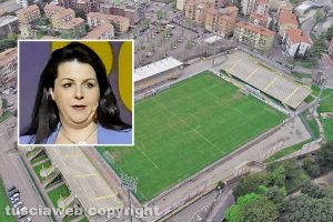 Lo stadio Rocchi visto dall'alto e nel riquadro la sindaca Chiara Frontini