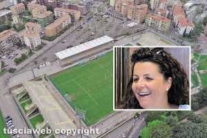 Lo stadio Rocchi e nel riquadro la sindaca Chiara Frontini