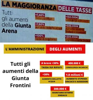In alto: I manifesti affissi da Frontini sugli aumenti dell'amministrazione Arena In basso: Gli aumenti dell'amministrazione Frontini