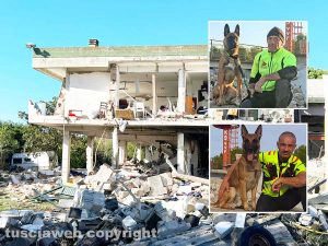 Esplosione a San Lorenzo Nuovo - Nel riquadro Francesco Pinna e il suo cane Hero e Andrea Guiso con Miscka