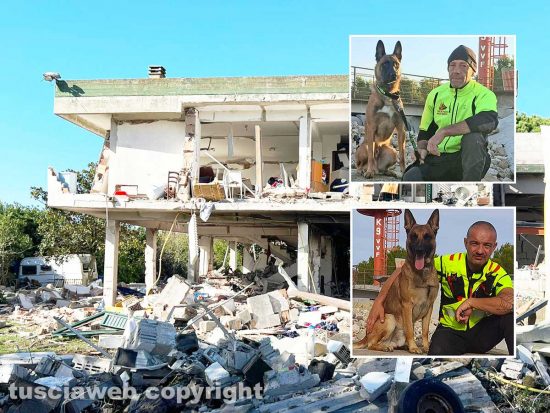 Esplosione a San Lorenzo Nuovo - Nel riquadro Francesco Pinna e il suo cane Hero e Andrea Guiso con Miscka