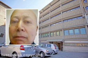 Viterbo - La sede dell'Inps e nel riquadro Franco Mezzatesta