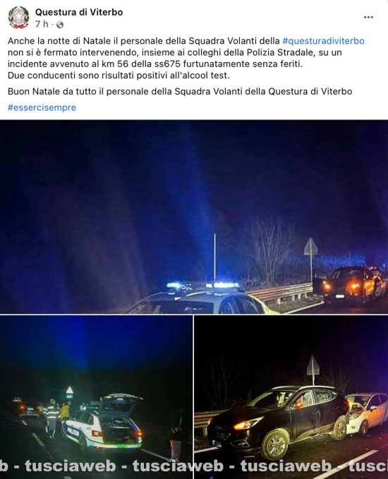 Viterbo - Tamponamento sulla superstrada tra auto - Il post sulla pagina Facebook della questura