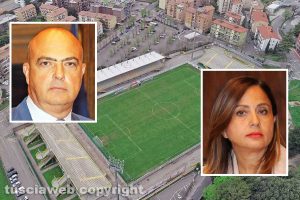 Viterbo - Lo stadio Rocchi - Nei riquadri Giancarlo Martinengo e Annalisa Puopolo