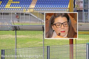 Lo stadio Rocchi nell'abbandono e nel riquadro la sindaca Chiara Frontini