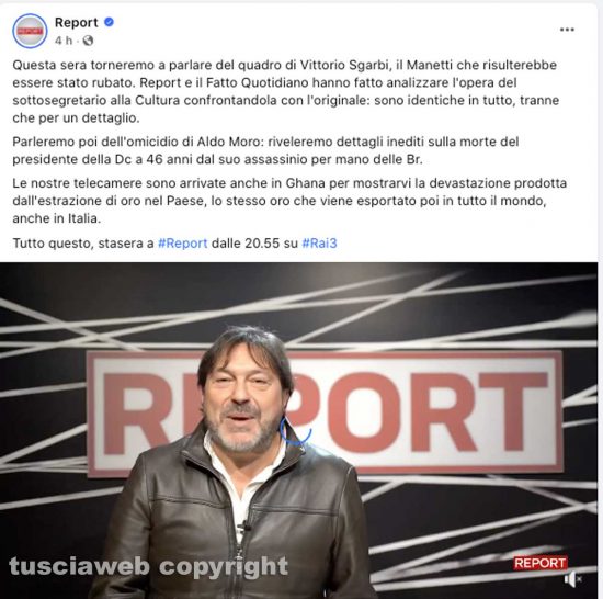 Il post su Facebook che annuncia la trasmissione su Sgarbi di questa sera