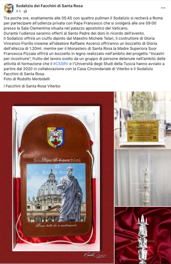 Incontro col papa Bergoglio - Il post del sodalizio dei facchini di Santa Rosa