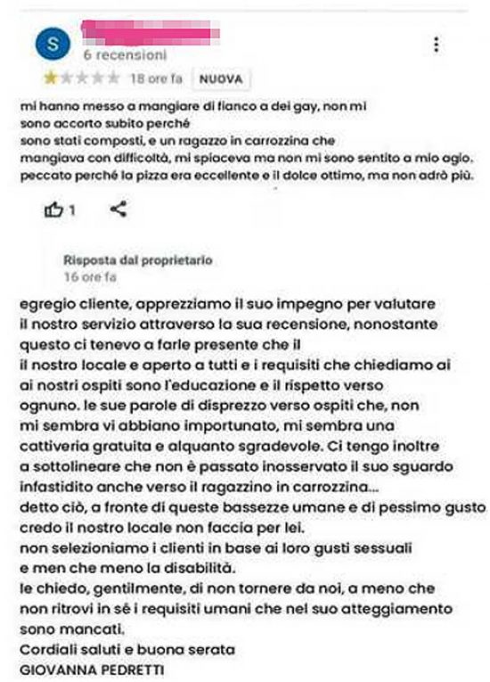 La "finta" recensione di un cliente infastidito dalla presenza di gay e disabili nel locale