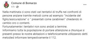Bomarzo - Il post del Comune dopo gli episodi di truffa 