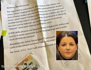 Viterbo - La lettera con insulti e nel riquadro Chiara Frontini