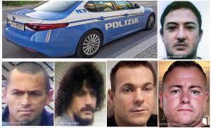 Nei riquadri, in senso orario: Gabriele Laezza, I fratelli Ismail e David Rebeshi e i fratelli Spartak e Shklezen Patozi