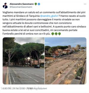Il post di Alessandro Gassmann sui pini tagliati a Tarquinia