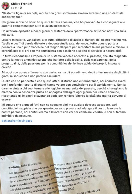 Il post della sindaca Frontini sulla lettera ricevuta