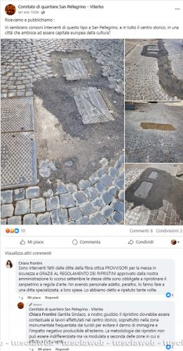 Viterbo - Quartiere San Pellegrino - Asfalto al posto dei sanpietrini - Il post su Facebook del comitato del quartiere