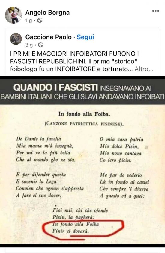 Foibe - Il post condiviso dal sindaco di Caprarola
