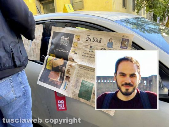 La macchina della sindaca Chiara Frontini con i giornali e vicino un paio di scarpe a spillo e un paio di mutandine rosse - Nel riquadro l'avvocato Lorenzo Marinetti
