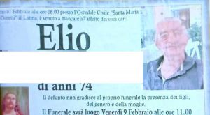 Faleria - Non vuole moglie e figli al suo funerale, le ultime volontà sui manifesti funebri