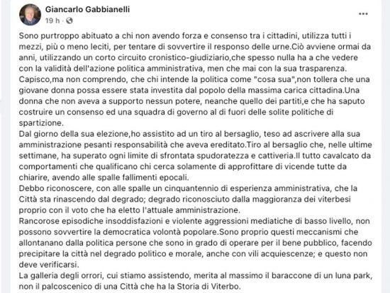 Il post dal profilo di Giancarlo Gabbianelli su Chiara Frontini