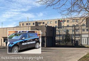 Viterbo - Il carcere NIcandro Izzo in località Mammagialla (nel riquadro un'auto della polizia penitenziaria)