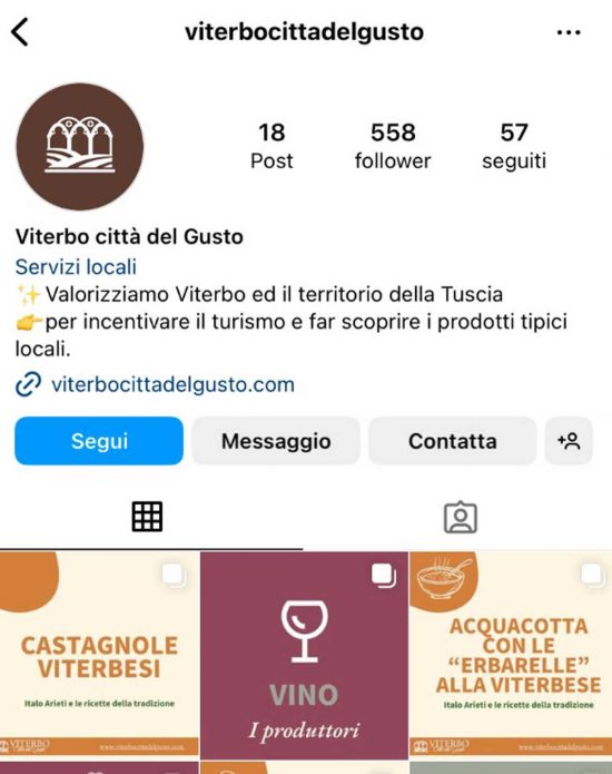 La pagina Instagram del sito Viterbo città del gusto - L'ultimo post a febbraio 2023