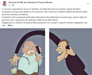 Villa San Giovanni in Tuscia - Il post del comune che invita i cittadini a fare attenzione agli episodi di truffa agli anziani