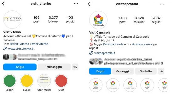 Le pagine instagram di Visit Viterbo e Visit Caprarola a confronto