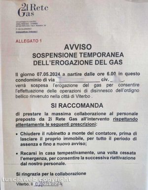 Viterbo - L'avviso per la chiusura del gas