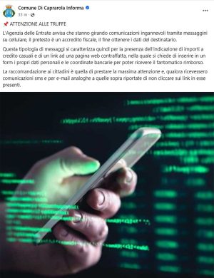 Caprarola - Post del comune sulle truffe via sms ed email 