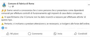 Fabrica di Roma – Il post del comune su persone che si spacciano per finti dipendenti comunali 