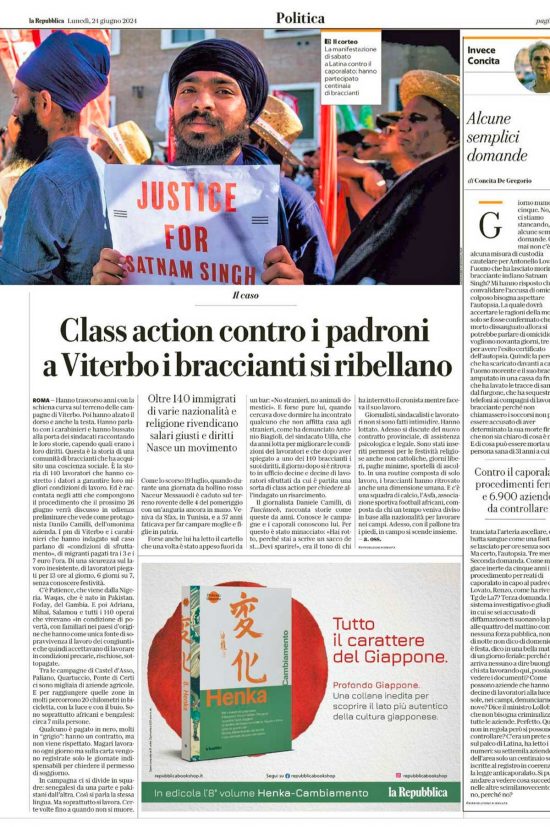 L'articolo di Repubblica dedicato ai braccianti della Tuscia