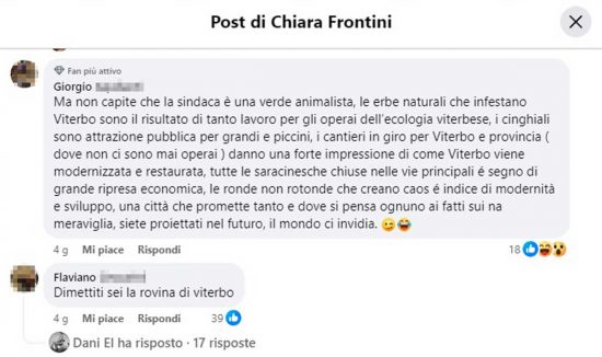 Viterbo - I commenti sotto il post della sindaca Frontini