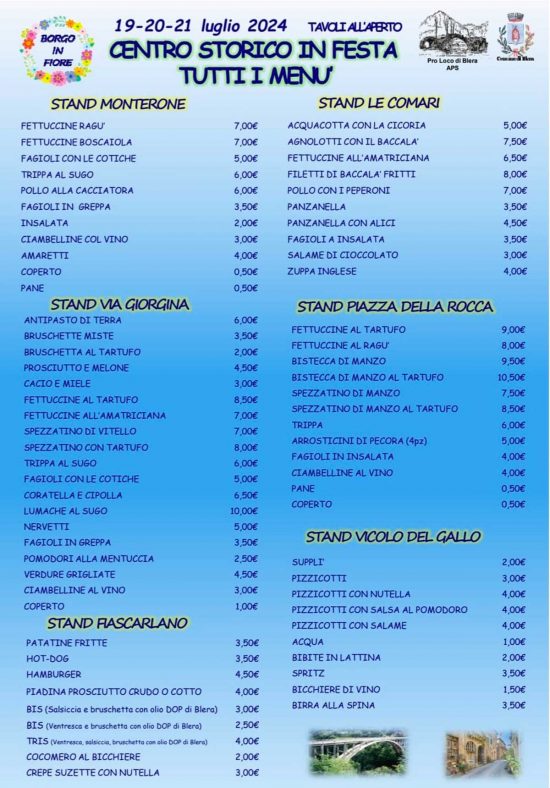 Blera - Terza edizione di "Centro storico in festa - borgo in fiore" - Tutti i menù