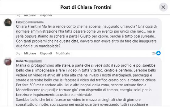 Viterbo - I commenti sotto il post della sindaca Frontini