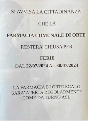 La comunicazione delle ferie della farmacia comunale di Orte