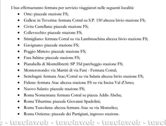 Trasporti - Le fermate dei bus sostitutivi sulla ferrovia Orte-Fiumicino aeroporto
