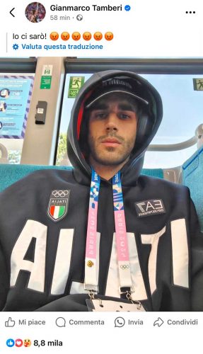 Il post sul profilo Facebook di Gianmarco Tamberi