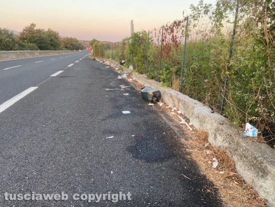 Viterbo - Strada statale 675 con piazzole di emergenza piene di immondizia e guard rail sommerso da piante