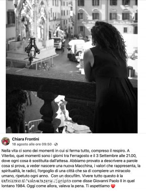 Il post della sindaca Chiara Frontini sul trasporto della macchina di Santa Rosa, commentato da mamma Tiziana