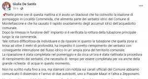 Montefiascone - Parte del post pubblicato dalla sindaca Giulia De Santis sulla mancanza di acqua in alcune zone del paese