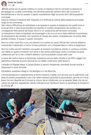 Montefiascone - Il post pubblicato dalla sindaca Giulia De Santis sulla mancanza di acqua in alcune zone del paese