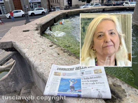 Viterbo - Melma, immondizia, vespe nelle vasche della fontana del Vignola a piazza della Rocca - Nel riquadro Alessandra Croci