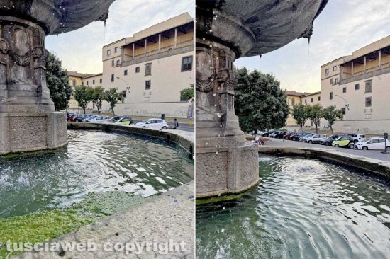 Viterbo - La fontana di piazza della Rocca col trucco e senza trucco - La foto a sinistra mostra la melma, basta fare un passo avanti e la melma scompare - Svelato il banale trucchetto della consigliera Alessandra Croci