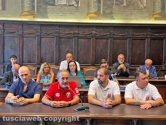 Viterbo - Presentazione del trasporto 2024 della macchina di Santa Rosa - Da sinistra Gianni Baiocco, Giorgio Frisoni, Stefano Caciola e Angelo Loddo