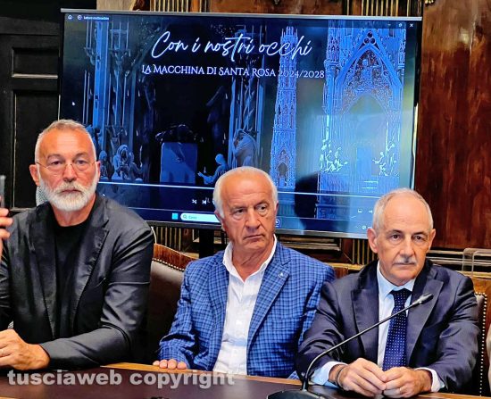 Viterbo - Presentazione del trasporto 2024 della macchina di Santa Rosa - Da sinistra Raffaele Ascenzi, Andrea Sarnari e Vincenzo Fiorillo