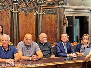 Viterbo - Presentazione del trasporto 2024 della macchina di Santa Rosa - Da sinistra Massimo Mecarini, Sandro Rossi, Sandro Pappalardo ed Eleonora Rava