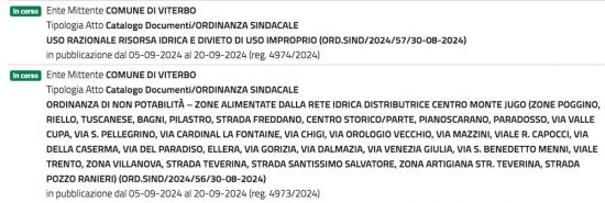Acqua potabile - L'ordinanza pubblicata sull'albo pretorio il 5 settembre 2024