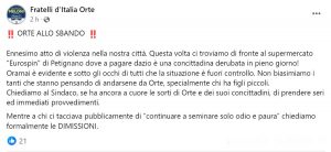 Orte - Il post Facebook di Fratelli d'Italia Orte con cui si informa di una donna derubata di fronte al supermercato 
