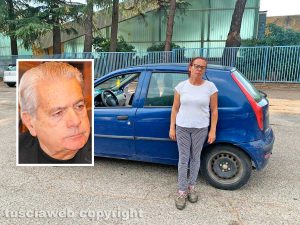 Laura Cutigni e la sua Fiat Punto blu - Nel riquadro: Giovanni Maria Arena (ex sindaco di Viterbo)