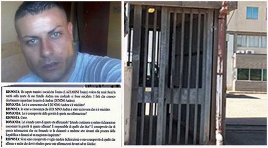 Estratto dichiarazioni supertestimone su morte di Andrea Di Nino (nella foto) - A destra l'ingresso del carcere di Viterbo