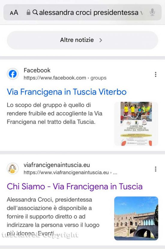 Il risultato della ricerca su Google per "presidentessa Croci dell'associazione Via Francigena in Tuscia"